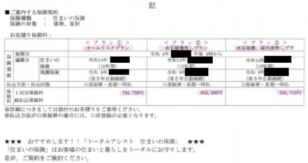 保険スクエアbangから来た実際の見積書